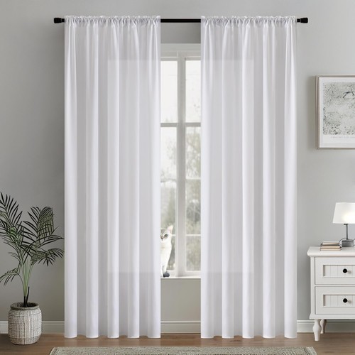 White Privacy Sheer Curtains That Let Light in 84 Inches Semi Sheer 2 Panels Set