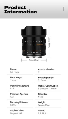Brightin Star 11mm F2.8 Full Frame Wide Angle Fisheye Lens For E/Z/RF/L Mount - Picture 5 of 12