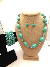 Turquoise Color Acrylic Beaded Necklace with Stone Stretch Bracelet  Earrings
