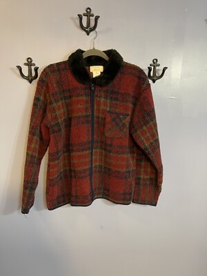 Tally-Ho Plaid Fleece Zip-Up Jacket Red w/Faux Fur Collar Size L