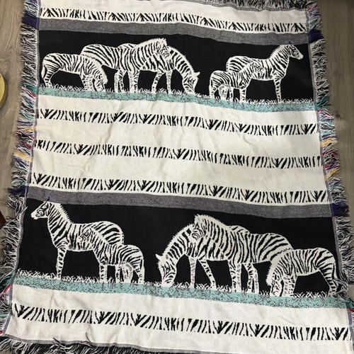 Crown Crafts 100% Cotton Zebra Tapestry Throw Blanket Fringe Reversible 58x48 - Picture 6 of 8