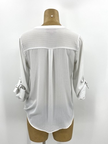 JENNIFER LOPEZ Medium White Faux Wrap Hi Low 3/4 Roll Tab Sleeve Tops Shirt - Picture 4 of 7