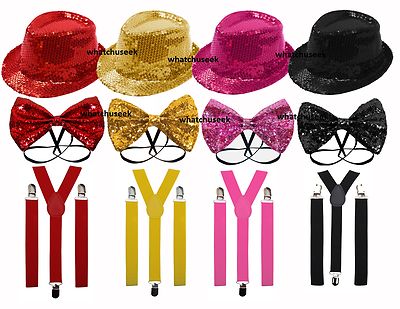 Sequin Fedora Trilby Hat Glitter Bow Tie Suspenders Fancy  display picture 3