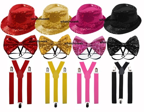 Fedora BORSALINO Glitter Paillettes CAPPELLO con Paillettes e Fiocco  Cravatta E REGGICALZE BRETELLE FANCY DRESS | eBay