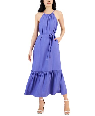 Anne Klein Womens Halter Tiered Maxi Dress Purple 14