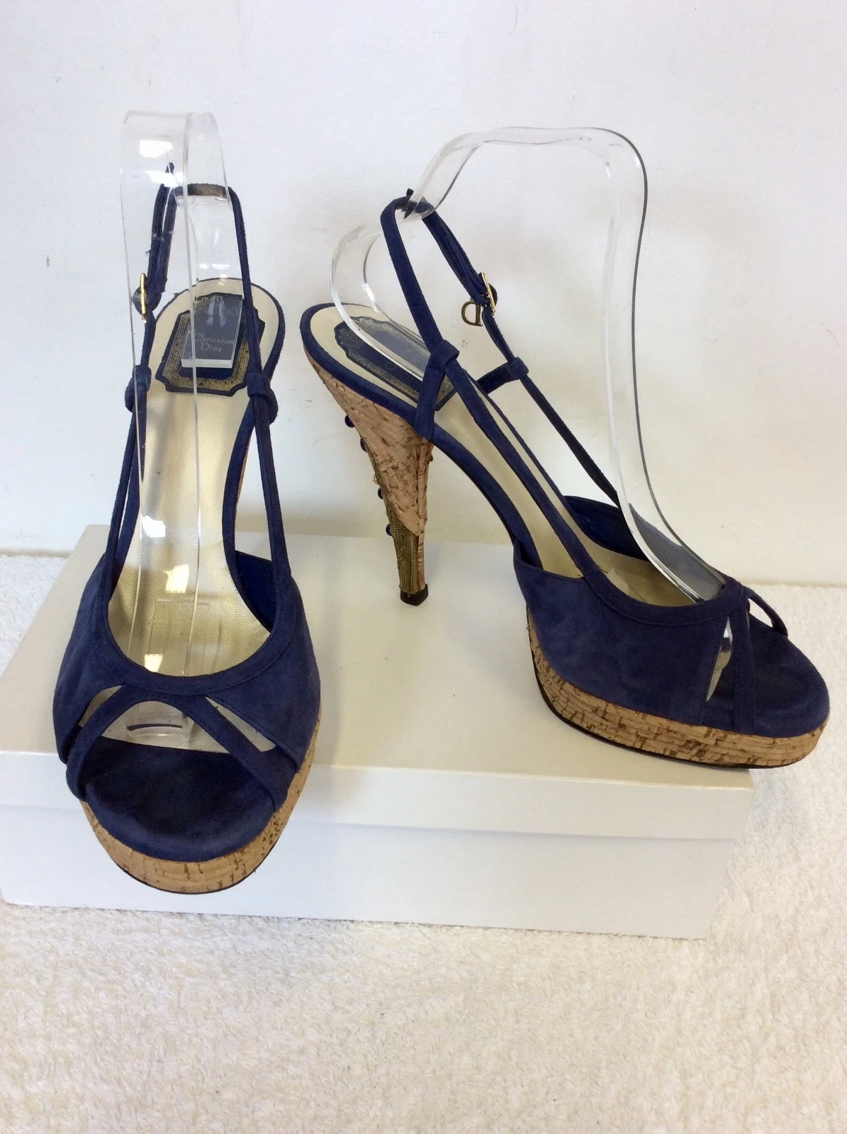 SANDALES TALON PLATE FORME BIJOUX EN DAIM BLEU FONCÉ CHRISTIAN DIOR TAILLE 7,5/40