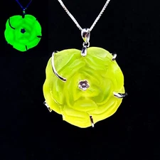 Sterling Yellow Rose Uranium Glass Necklace 1920s Glass 925 Silver
