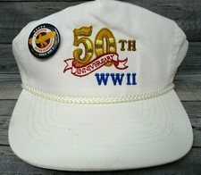 Vintage 90s WWII 50th Anniversary Veterans Baseball Hat Cap White Embroidery Pin