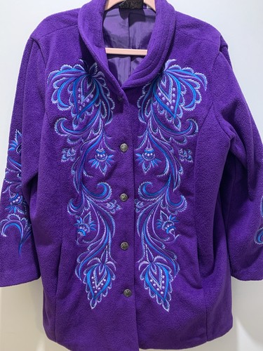 Bob Mackie Wearable Art 1X Floral Embroidered Fleece Button Up Pockets Jacket - Picture 2 of 17