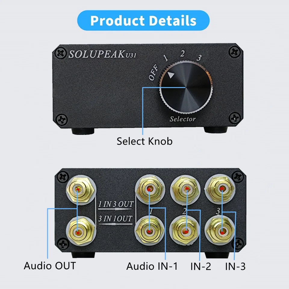 3 IN RCA Selector Stereo audio signal switcher splitter Switch Lossless (Black) - Image 2 of 4
