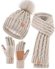 Womens Beanie Hat Scarf Gloves Set Soft Fleece Lined Winter Hat with Pom Pom ...