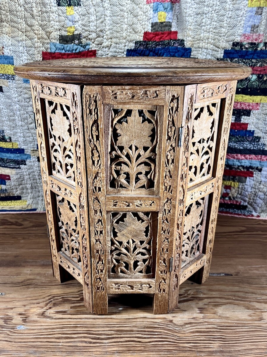 Art-Nouveau Carved Rosewood Indian Occasional Table w/ Mother of