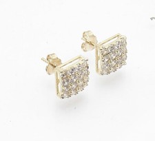 8mm Pave Prong Set CZ Square Flat Screen Stud Earrings Real 10K Yellow Gold