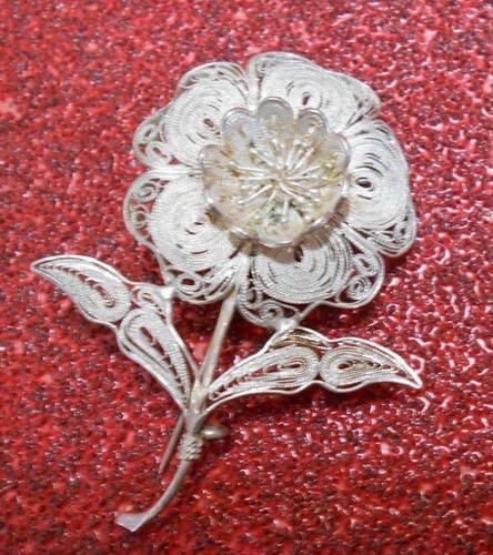 Vintage filigrane Blumen Anstecknadel; 900 Silber Schmuck Handarbeit Indonesien 50er Jahre, schön - Bild 3 von 7