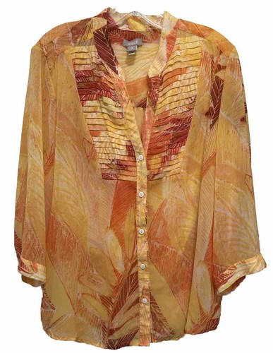 Chicos Größe 2 (L) Gelbgold Blatt Print leichtes 3/4 Ärmel Top EUC