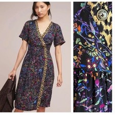 Maeve Anthropologie Morgan Black Floral Leopard Print Wrap Midi Dress Buttons 4