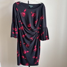 Lauren Ralph 3/4 Puffy Flared Sleeve Sheath Dress, Ruching, Floral, Lined, Sz 8