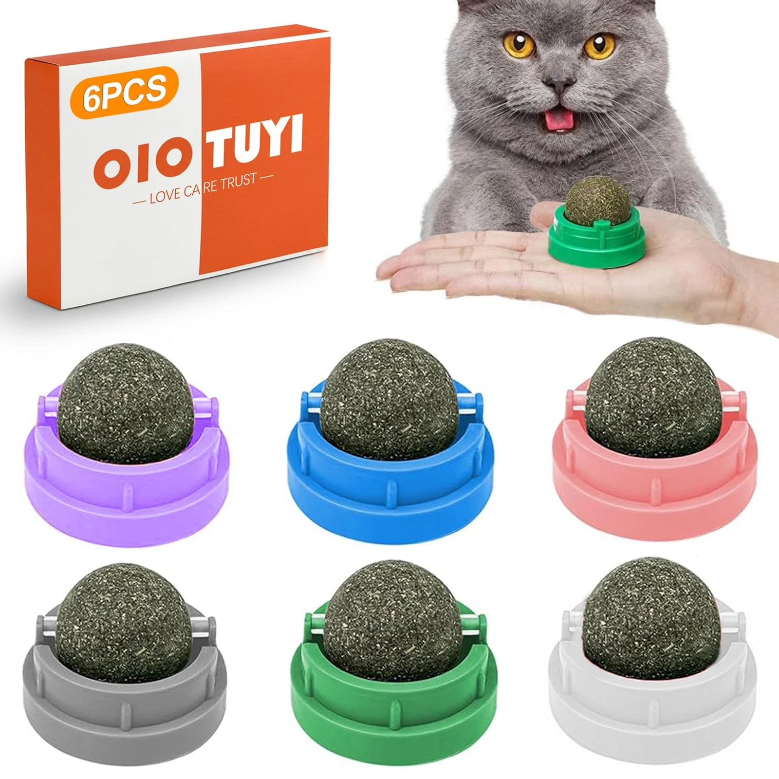 Set of 6 Catnip Ball with Wall Mount, Rotating Lickstone Toy for...