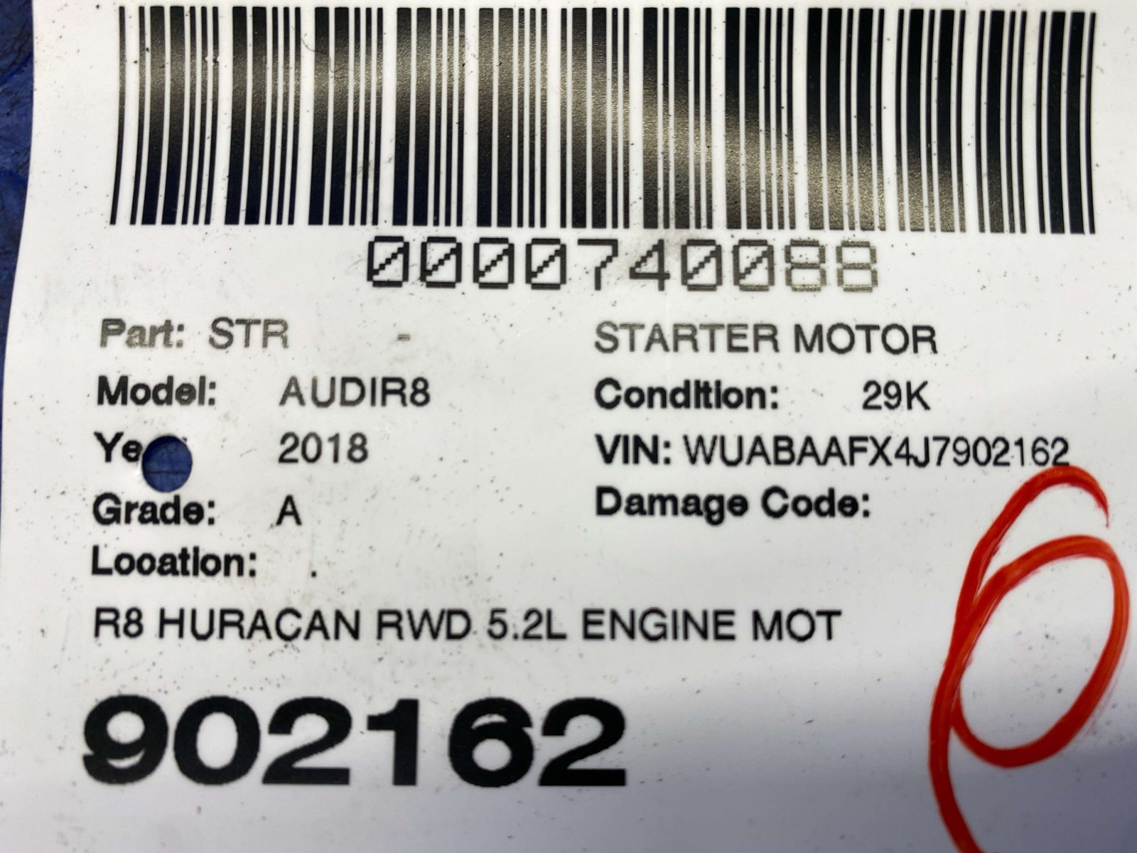 2017-2023 AUDI R8 V10 4S RWS OEM R8 HURACAN RWD 5.2L ENGINE STARTER 0BZ911024D