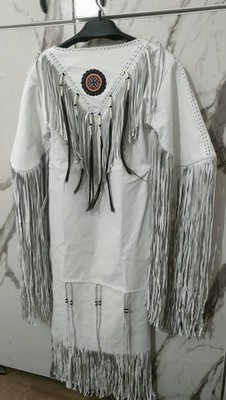 Women Native American Leather Long Fringe Coat Pow-Wow White Wedding Dress