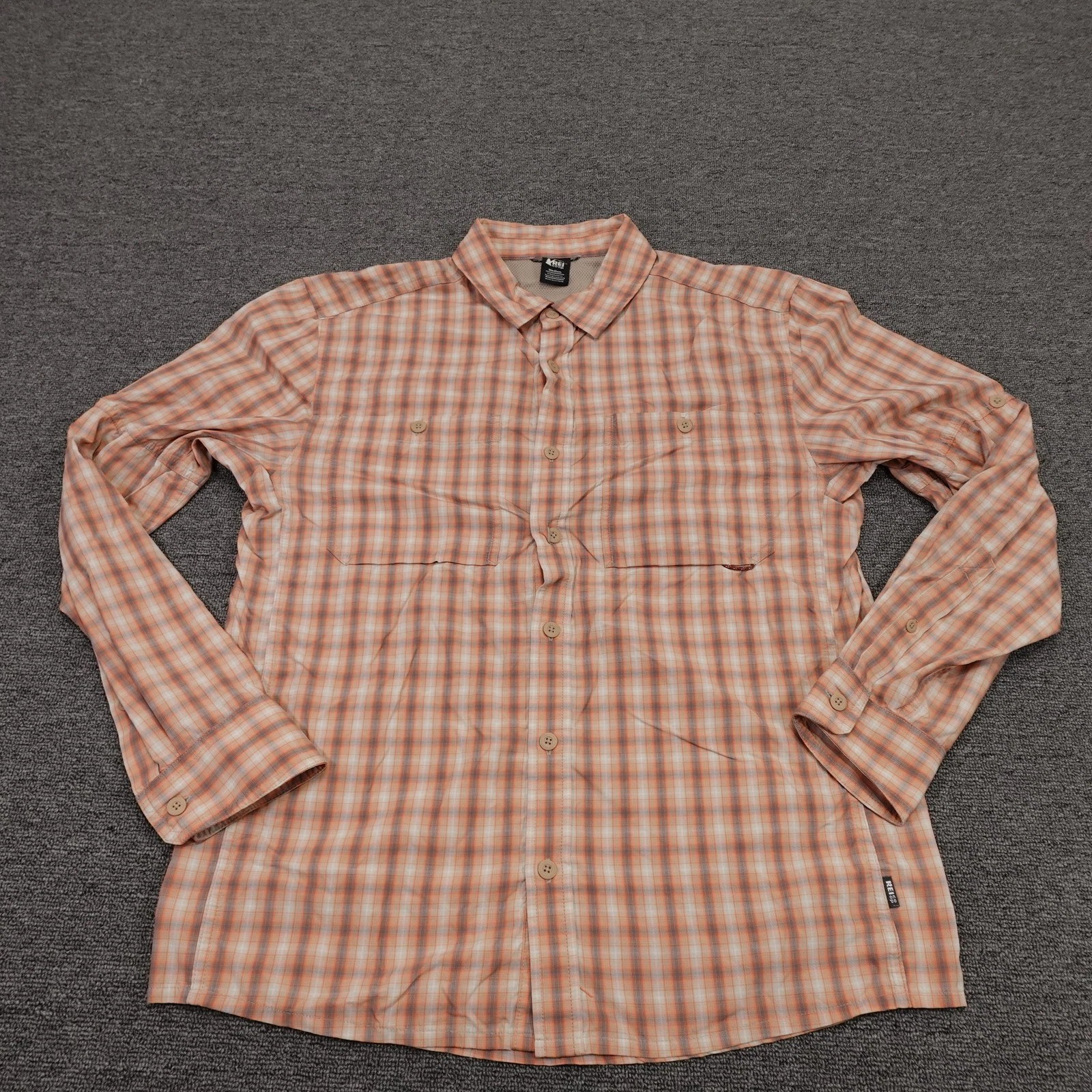 REI Co-op Shirt Mens Medium Orange Plaid Long Sleeve Button Up Hiking Outdoor