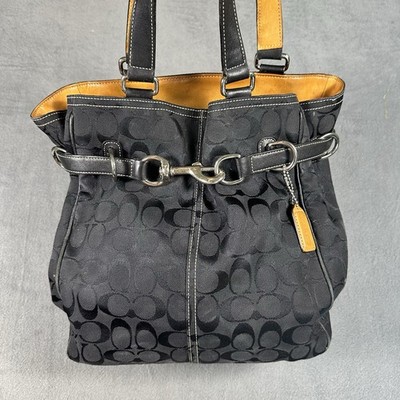Coach Hampton Signature Belted Carryall Tote Black Jacquard Cognac Y2K 2004