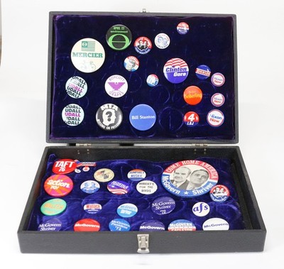Lot of 40 Vintage Pinback U.S. Political Action/Election Buttons in display case