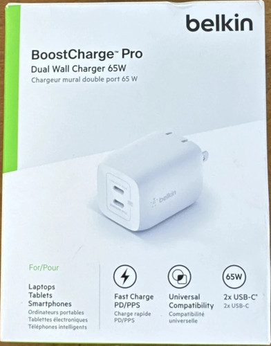 Belkin BoostCharge Pro 2x USB-C GaN 65W Wall Charger Power PPS White - 第 1/1 張圖片
