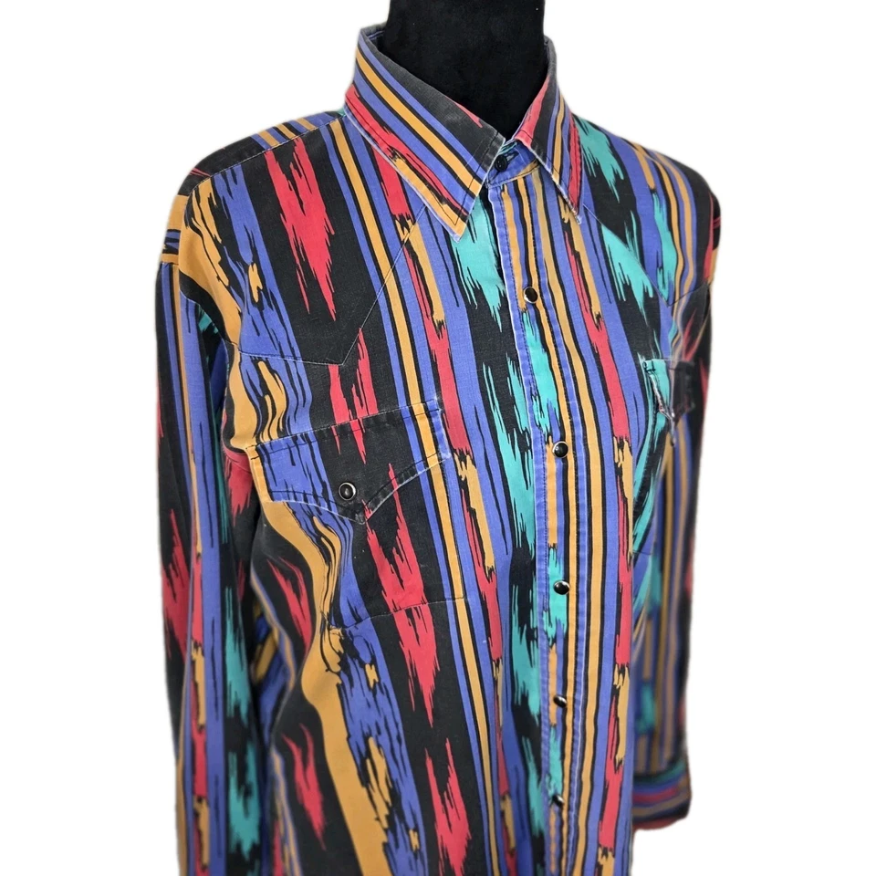 Camisa De Colección Ely Ganaderos Para Hombres L Negra Azul Azteca Occidental Geométrica Años 90 Foto 2 de 4