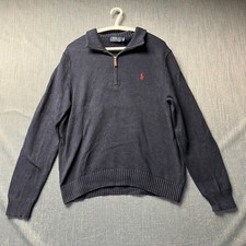 Polo Ralph Lauren Men  s Sweater Size L Blue Red Pony Ribbed Hem Mock Neck 1/4Zip