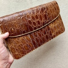 Vintage 40  s Genuine Alligator Belly Leather Clutch 12  Flank Cut Honey Cognac