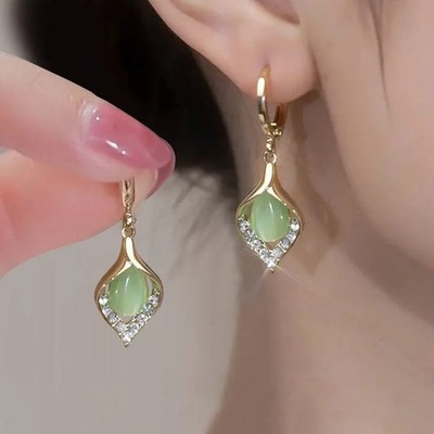 Women s Gold Hoop Earrings Green Crystal Drop Dangle Elegant Fashion Jewelry New