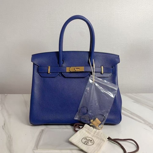AUTH Hermès Birkin 30 Blue Togo Leather Gold Hardware Top Handle Bag