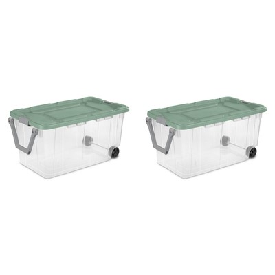 2 PACK Sterilite Latch Tote Clear/Sage Storage Box 40 Gal Wheels Container Case