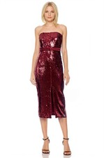 Badgley Mischka Berlyn Strapless Sequin Midi Dress Beaded Cherry Red sz 16 Club
