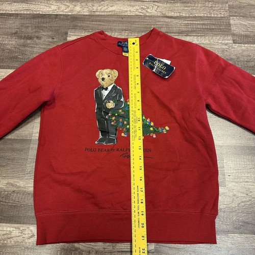 POLO RALPH LAUREN CHRISTMAS HOLIDAY BEAR CREWNECK RED SWEATSHIRT YOUTH M H18 - Picture 4 of 5