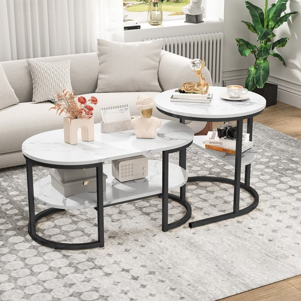 2Er Set Couchtisch Rund / Rechteckig Sofatisch Beistelltisch Mit Metallgestell-image
