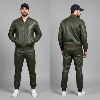 Men's Premium Leather Tracksuit, Men Jogging Sweatsuit Olive & Brown