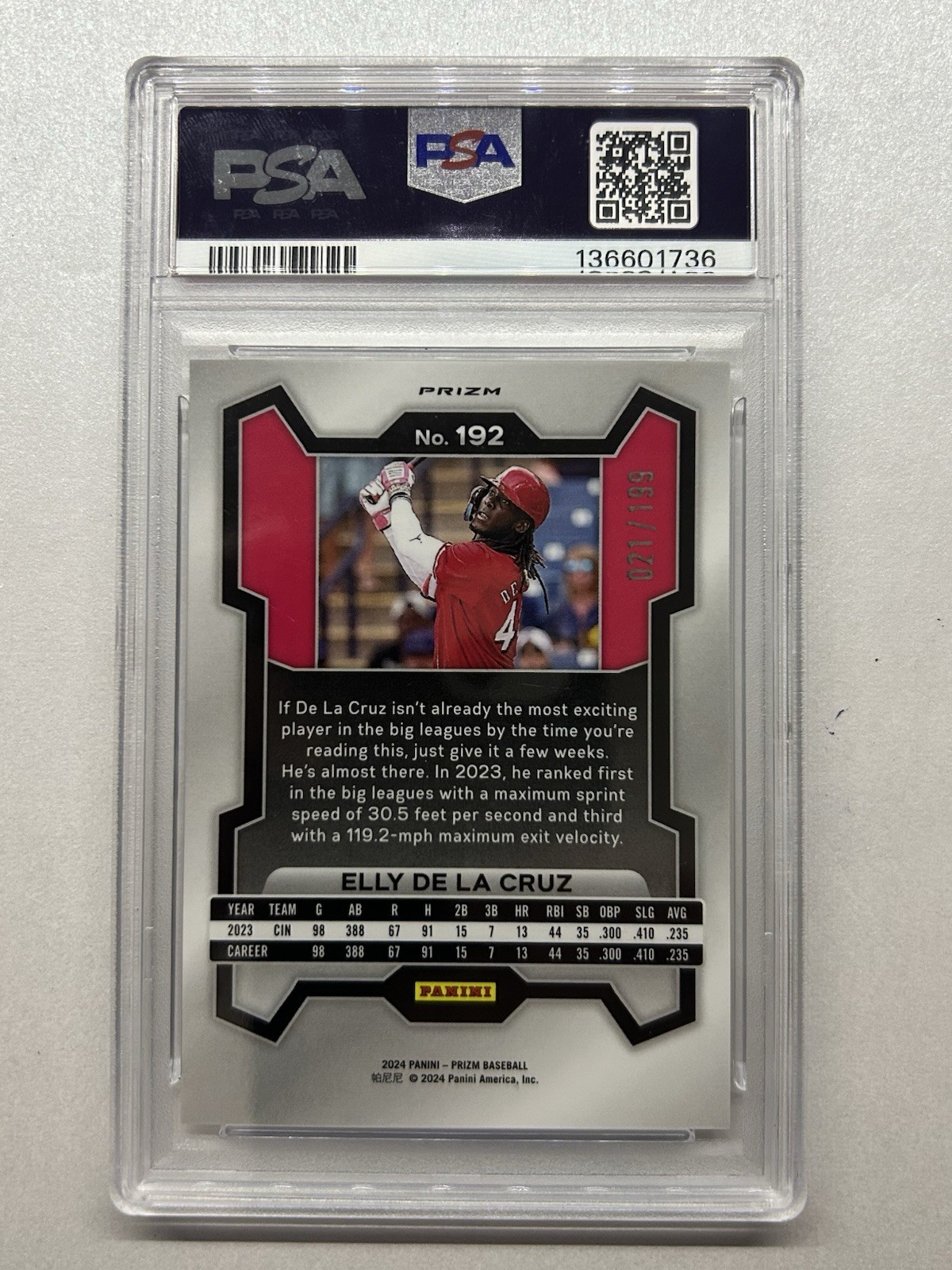 2024 Panini Prizm Elly De La Cruz Premium Box Set PSA 10 Gem Mint #/199 Reds view 2