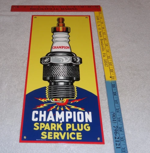 VINTAGE CHAMPION SPARK PLUG SERVICE 18" X 8" PORCELAIN METAL GASOLINE & OIL SIGN