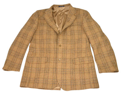 Harris Tweed Windowpane Blazer Plaid Handwoven Wool Hunting Jacket 44L Vtg Tan