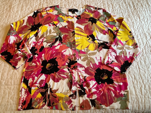 GNW XL Colorful Floral 3/4 Sleeves Jewel Button Front Cardigan Rayon Nylon Knit - Picture 4 of 7