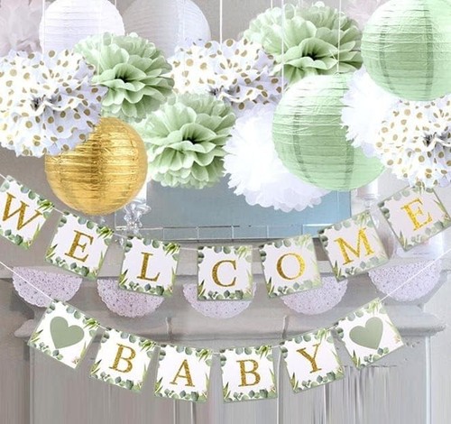 luckylibra Welcome Baby Banners Baby Shower Decorations Sage Green New - Bild 3 von 4
