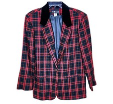 Vintage Sag Harbor 100 Wool Fully Lined Red Blaid Blazer With Velvet Collar