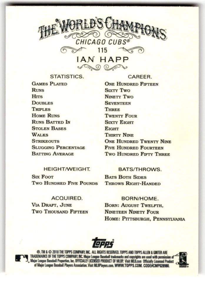 2018 Topps Allen & Ginter Ian Happ #115 Chicago Cubs - Image 2 of 2