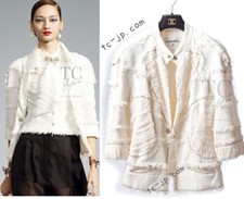 CHANEL 08S Ivory Creme Cotton Silk Chiffon Chain Jacket Karl Lagerfeld 42