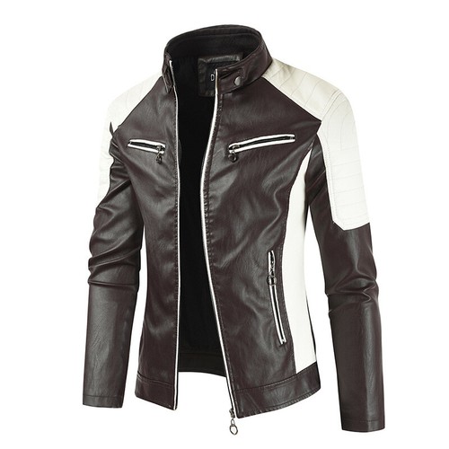 New men's standing collar color matching zippered cardigan leather jacket - Picture 7 of 20