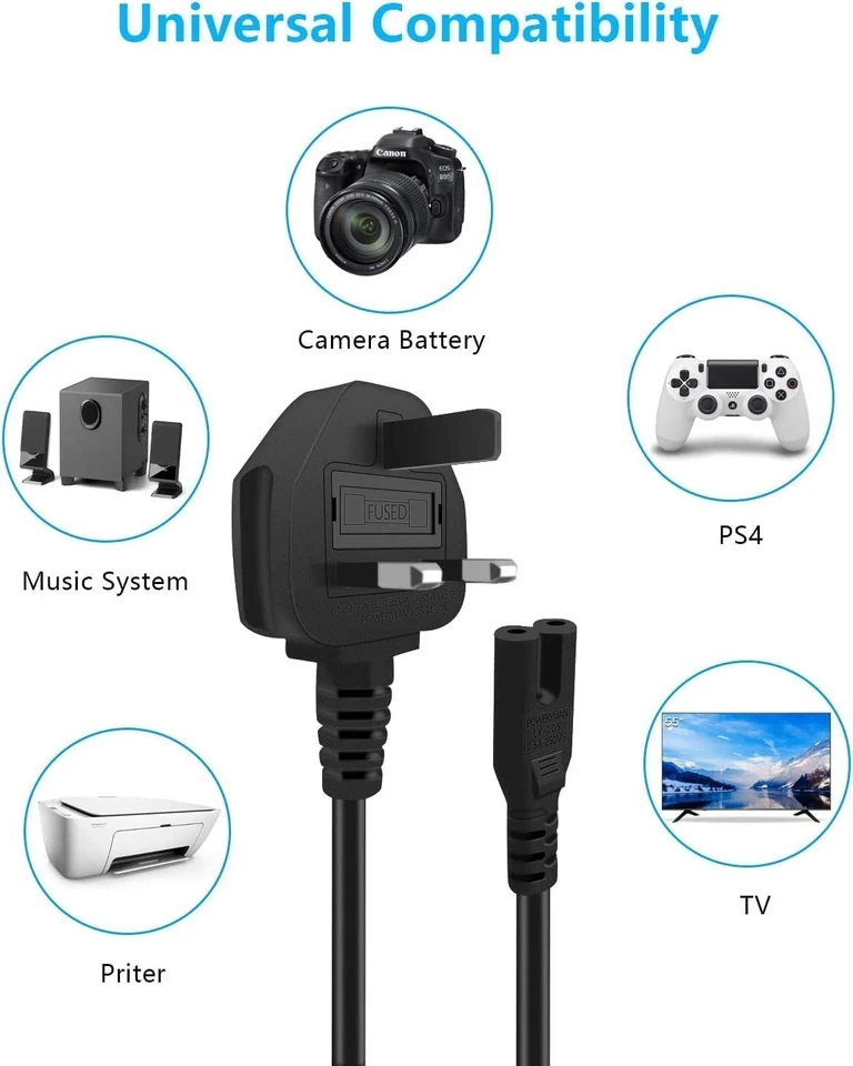 Figure 8 Power Cable UK Plug to C7 Lead for LED TV Samsung/LG Black/White Laptop - Image 2 of 4