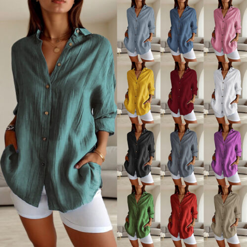 Plus Size Womens Button Down Shirts Tops Ladies Long Sleeve Solid Blouse T-Shirt