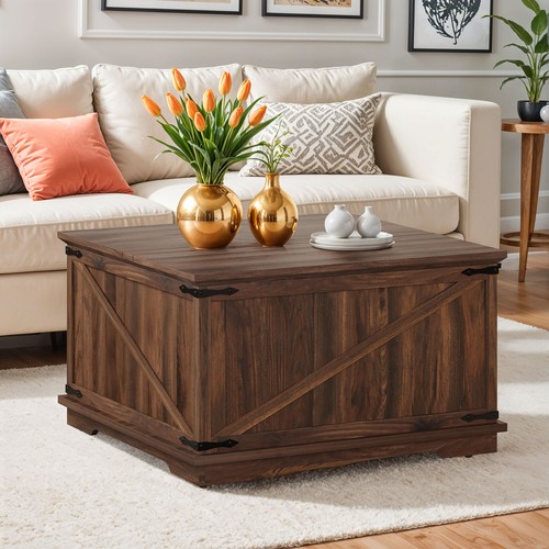Square Lift Top Coffee Table with Hidden Storage Farmhouse Living Room Tabletop - Picture 2 of 11